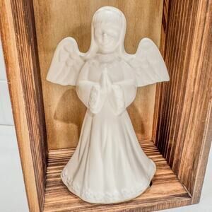 Praying Angel Girl w/ Wings-Glossy White Ceramic Figurine-Tabletop Decor-6.5”H